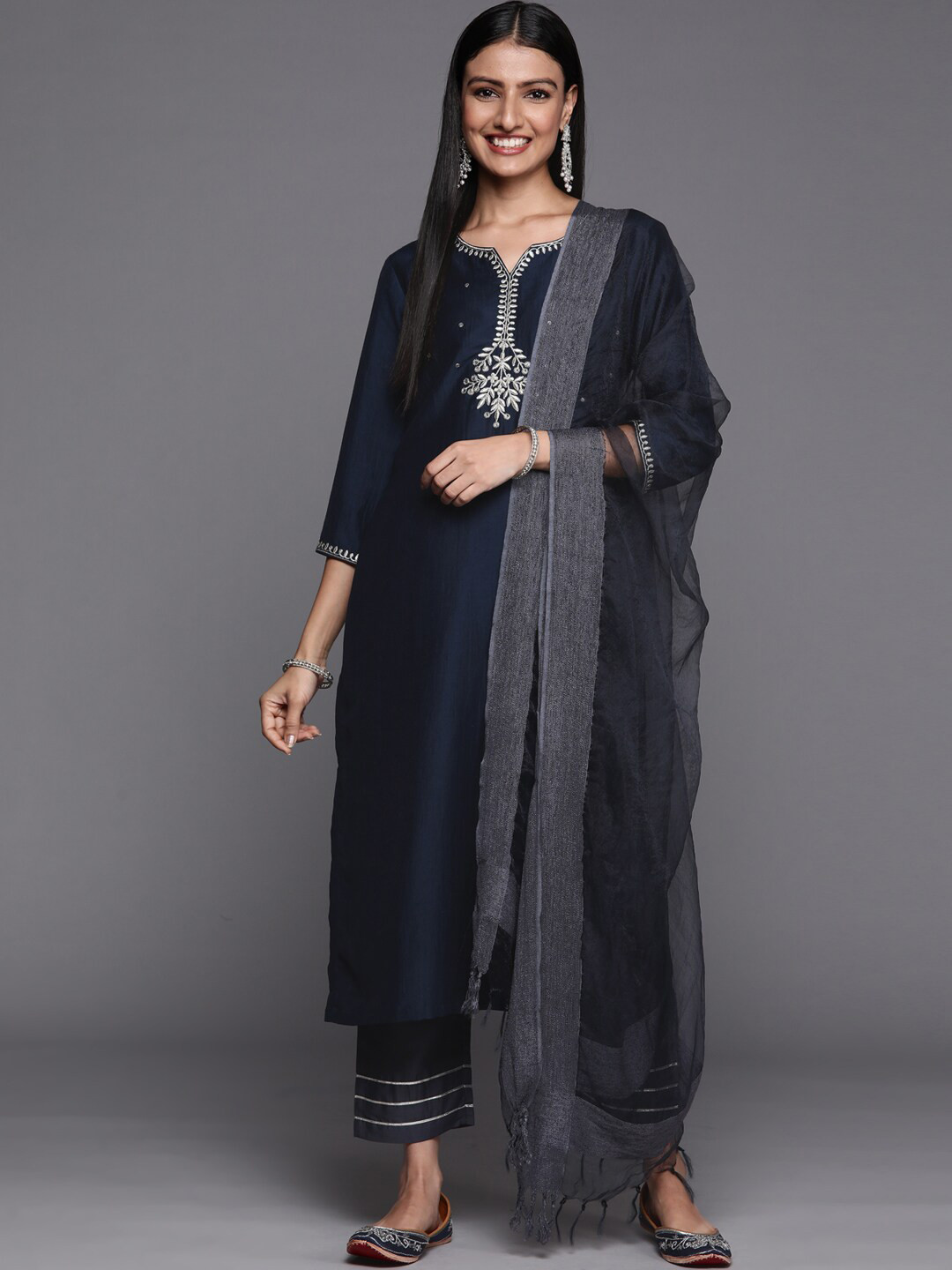 

KALINI Ethnic Embroidered Notch Neck Thread Work Straight Kurta With Trouser & Dupatta, Blue