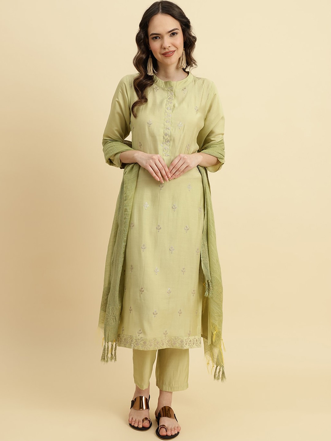 

KALINI Mandarin Collar Floral Embroidered Empire Kurta with Trousers & With Dupatta, Green