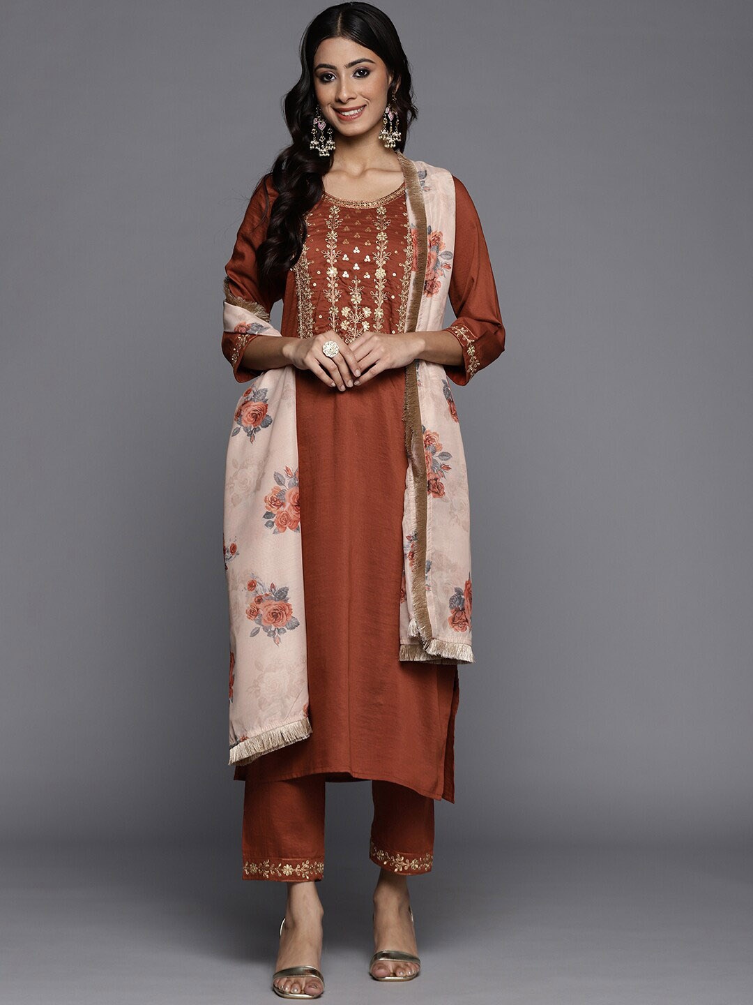 

KALINI Yoke Design Embroidered Straight Kurta With Trousers & Dupatta, Rust