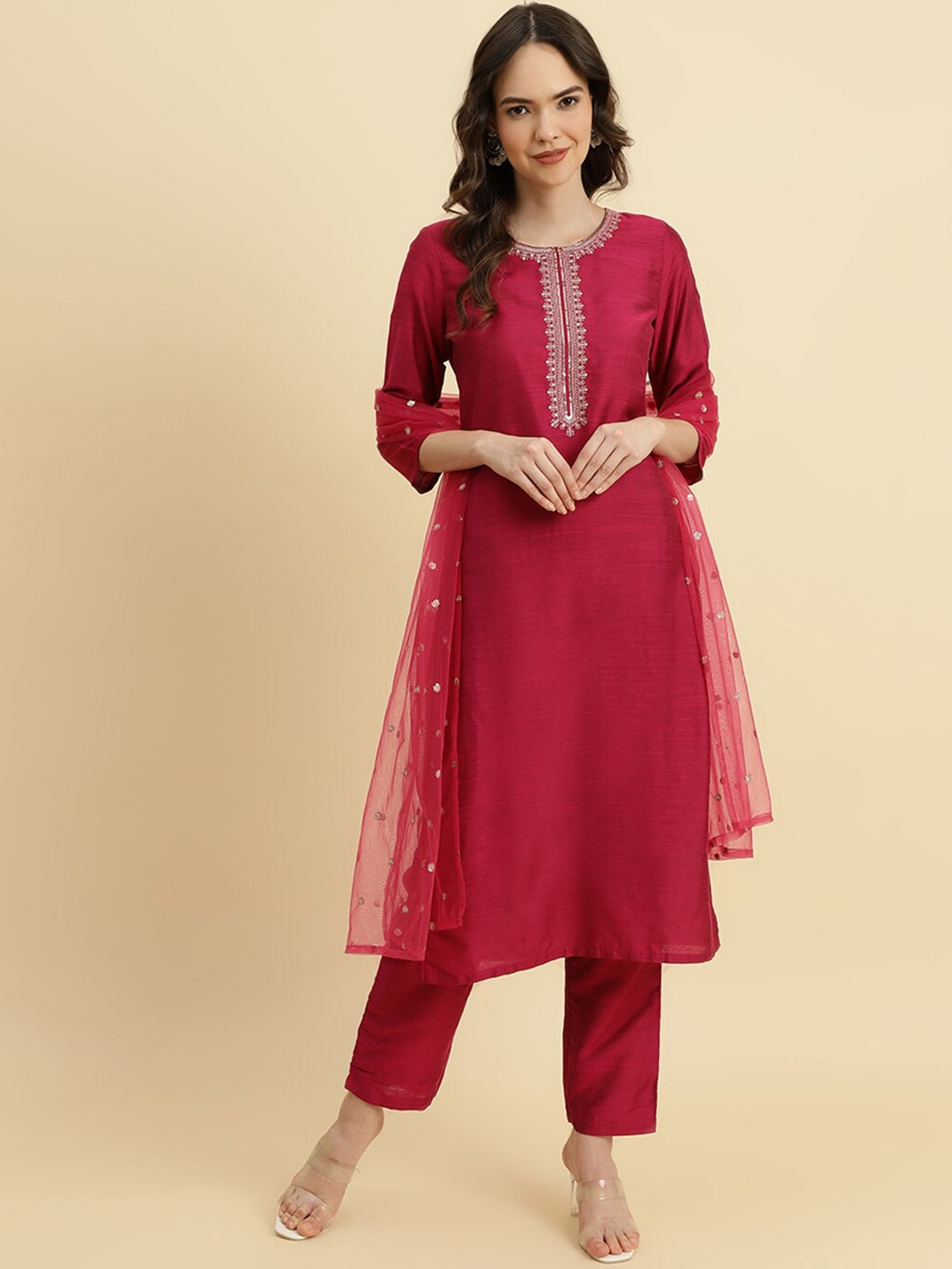 

KALINI Floral Zari Embroidered Straight Kurta With Trousers & Dupatta, Magenta