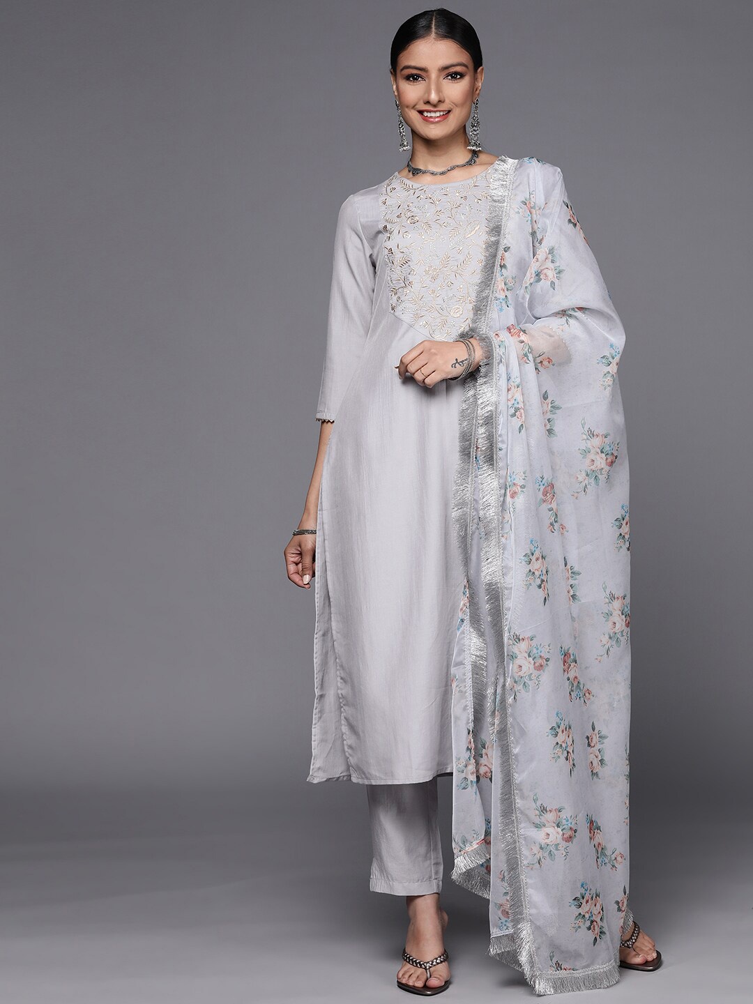 KALINI Floral Embroidered Thread Work Straight Kurta With Trousers & Dupatta, Grey