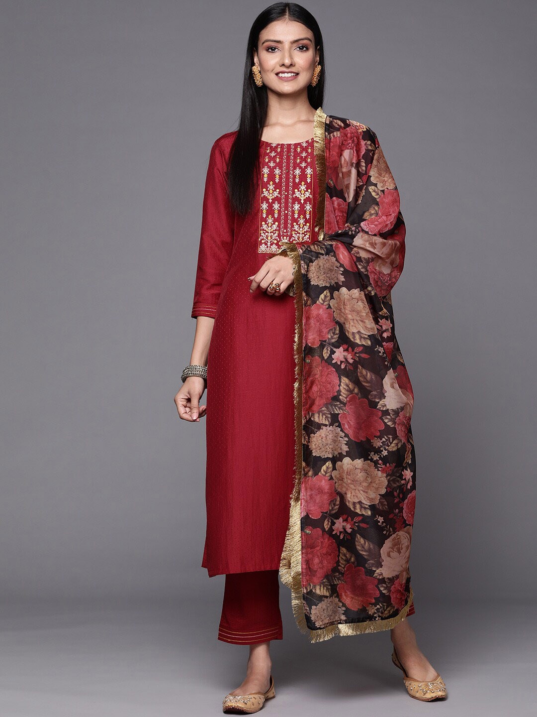 

KALINI Floral Embroidered Thread Work Kurta With Trousers & Dupatta, Maroon