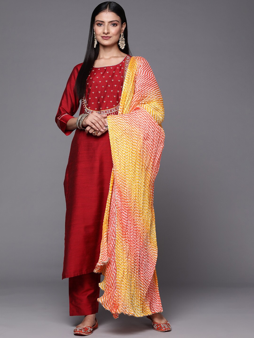 

KALINI Ethnic Motifs Embroidered Kurta With Trousers & Dupatta, Maroon