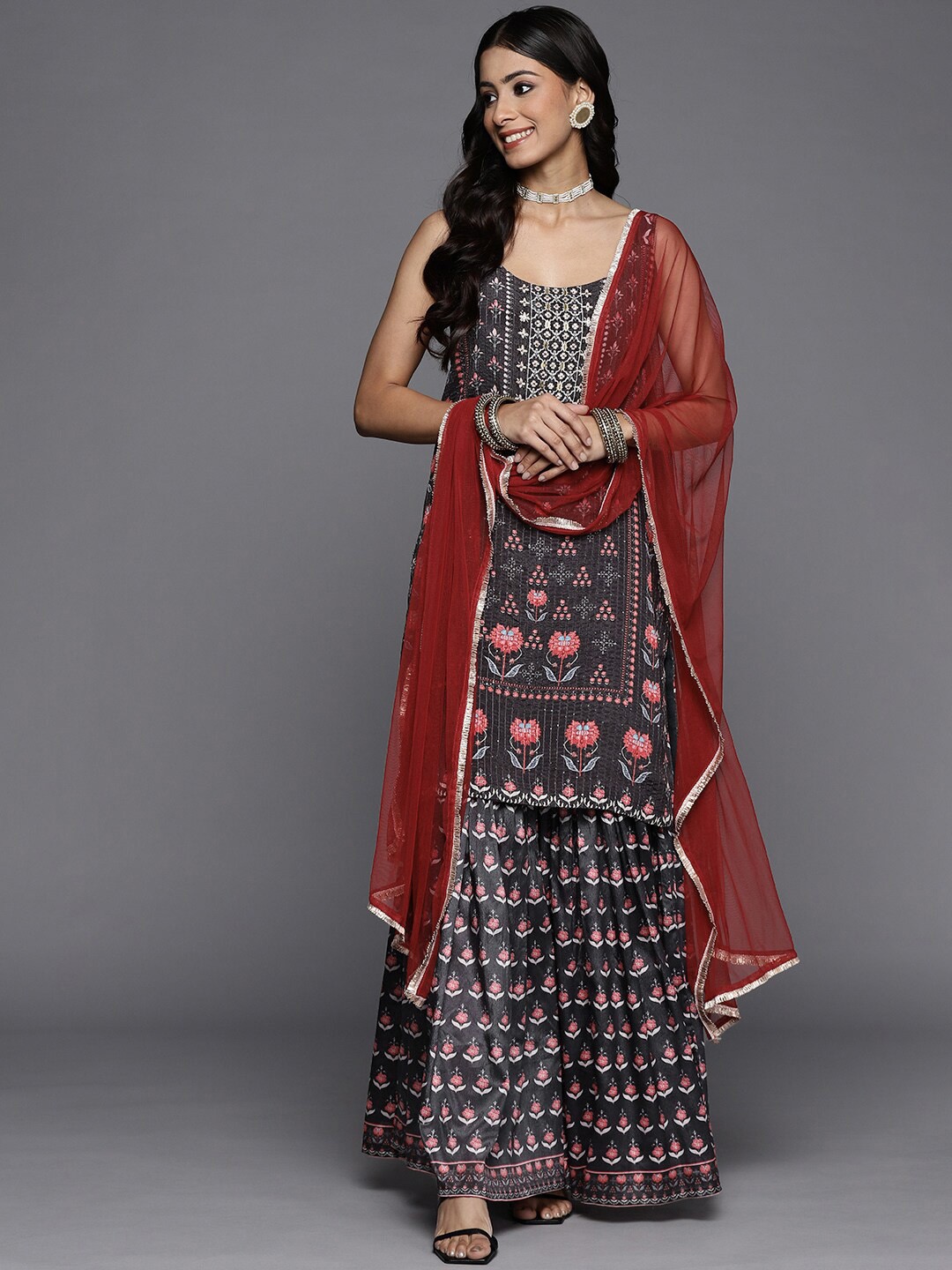 

KALINI Floral Printed Shoulder Straps Straight Kurta With Palazzos & Dupatta, Black