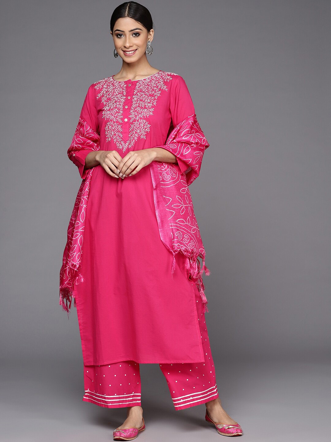 

KALINI Floral Embroidered Empire Pure Cotton Kurta With Palazzos & Dupatta, Fuchsia