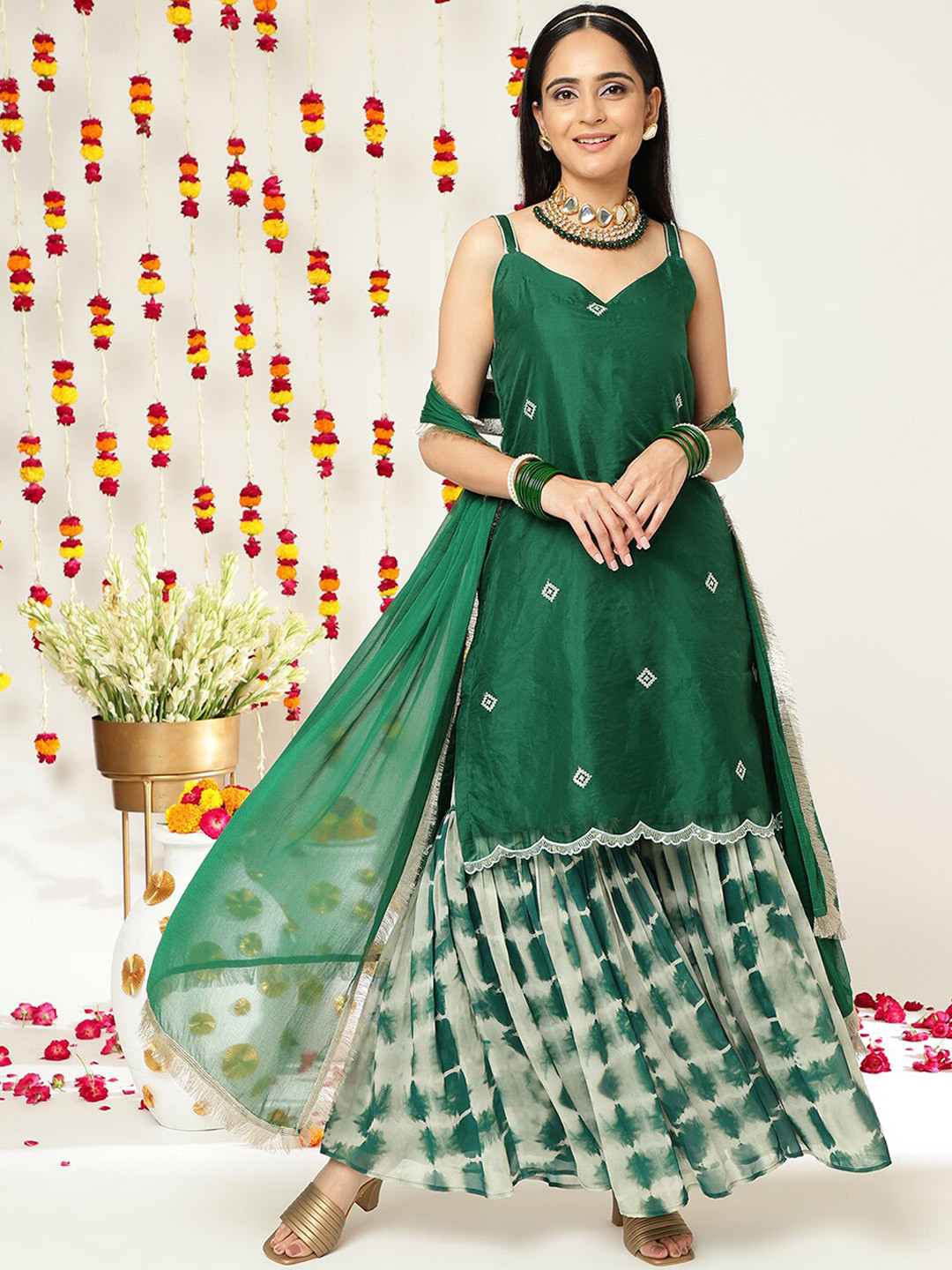 

KALINI Bandhani Embroidered Empire Sequinned Kurta with Sharara & Dupatta, Green