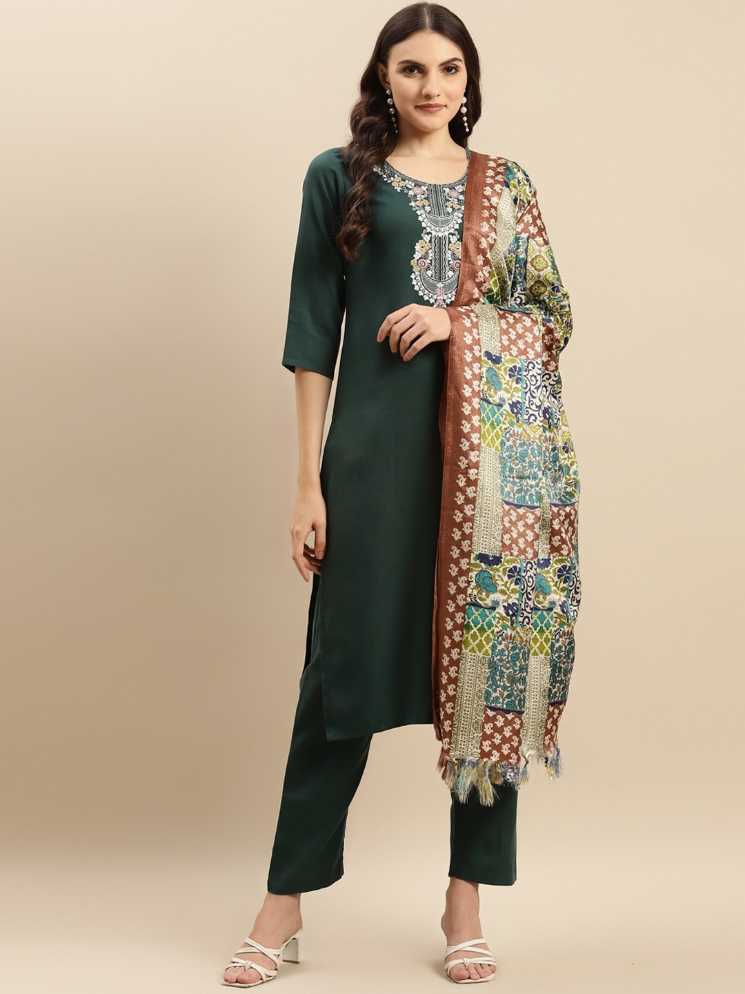 

KALINI Ethnic Motifs Embroidered Round Neck Straight Kurta With Trousers & Dupatta, Navy blue