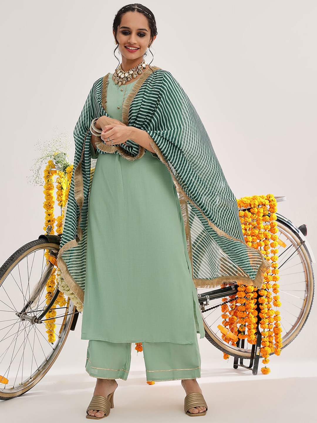 

KALINI Regular Kurta with Palazzos & With Dupatta, Green
