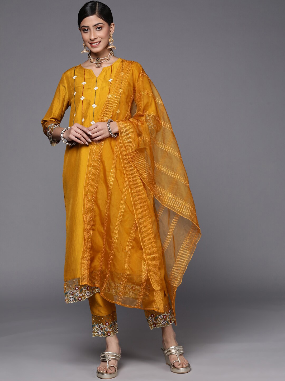 

KALINI Floral Embroidered Regular Kantha Work Kurta With Trousers & Dupatta, Mustard