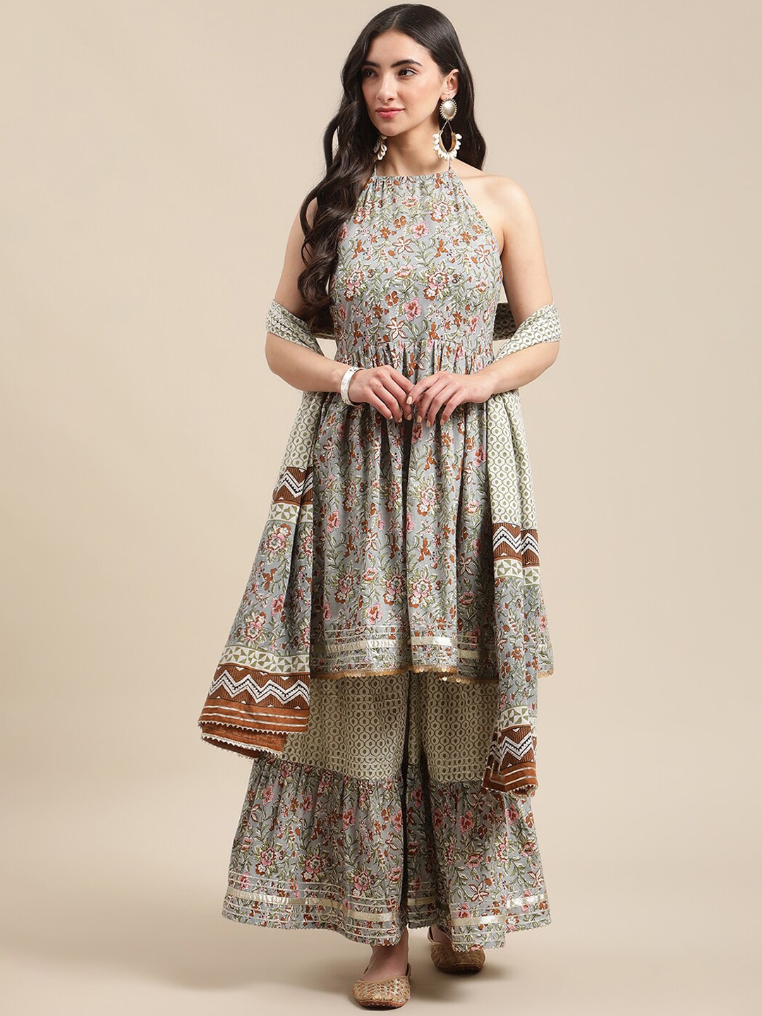 

KALINI Floral Printed Halter Neck Pure Cotton Anarkali Kurta with Sharara & Dupatta, Grey