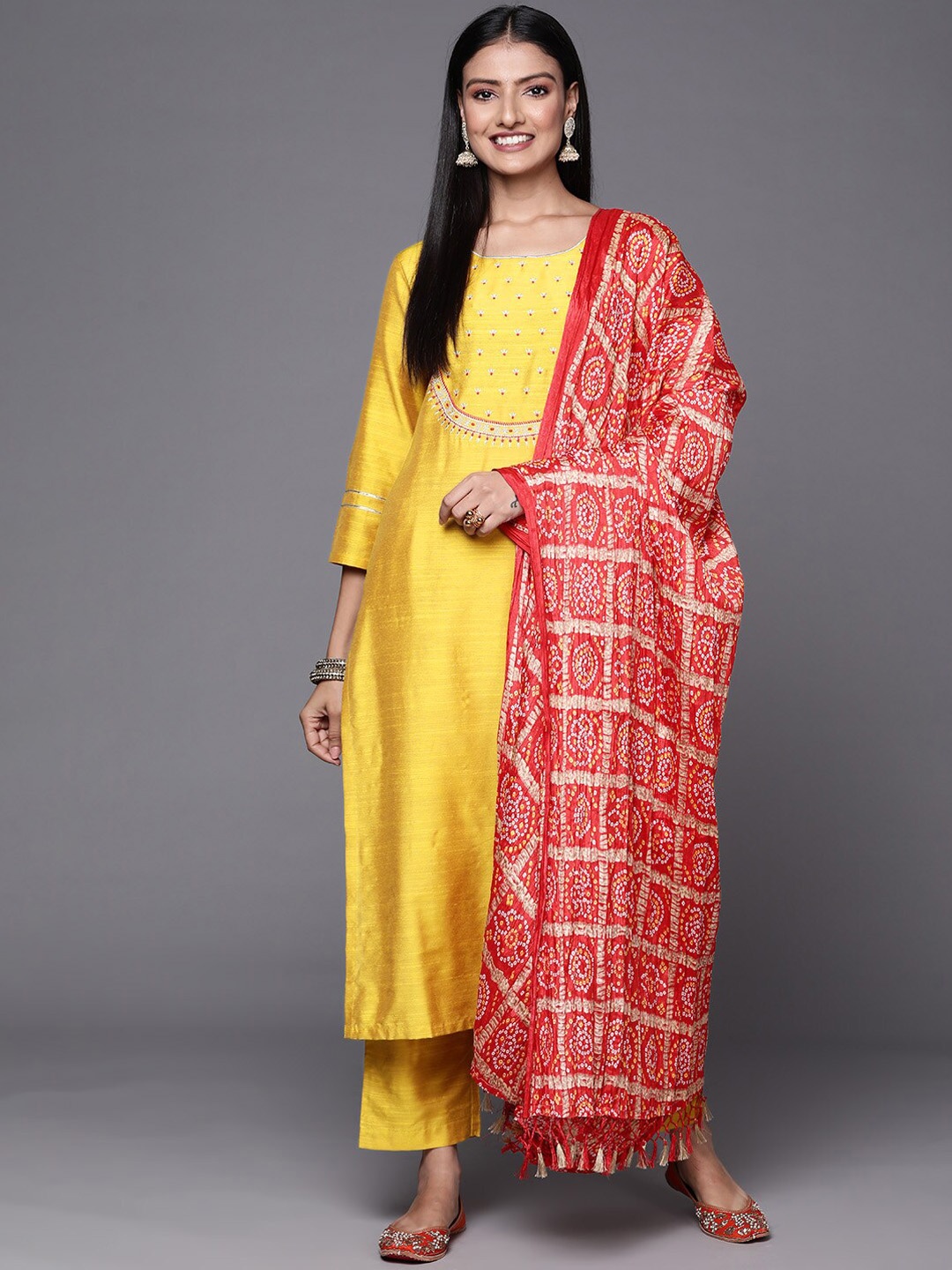 

KALINI Ethnic Motifs Yoke Design Regular Thread Work Kurta with Trousers & Dupatta, Mustard