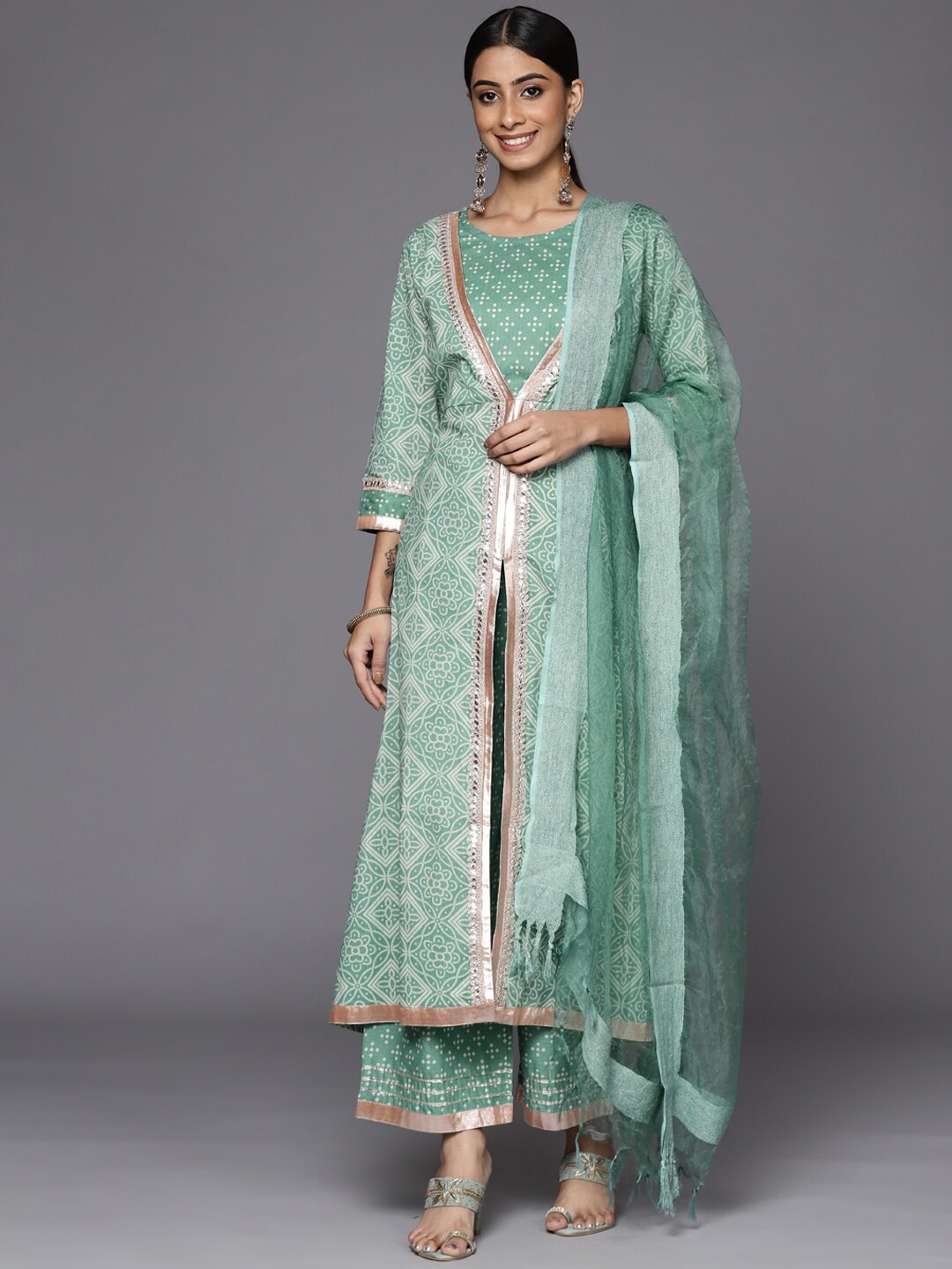 KALINI Ethnic Motifs Printed High Slit Pure Cotton A-Line Kurta with Palazzos & Dupatta, Sea green