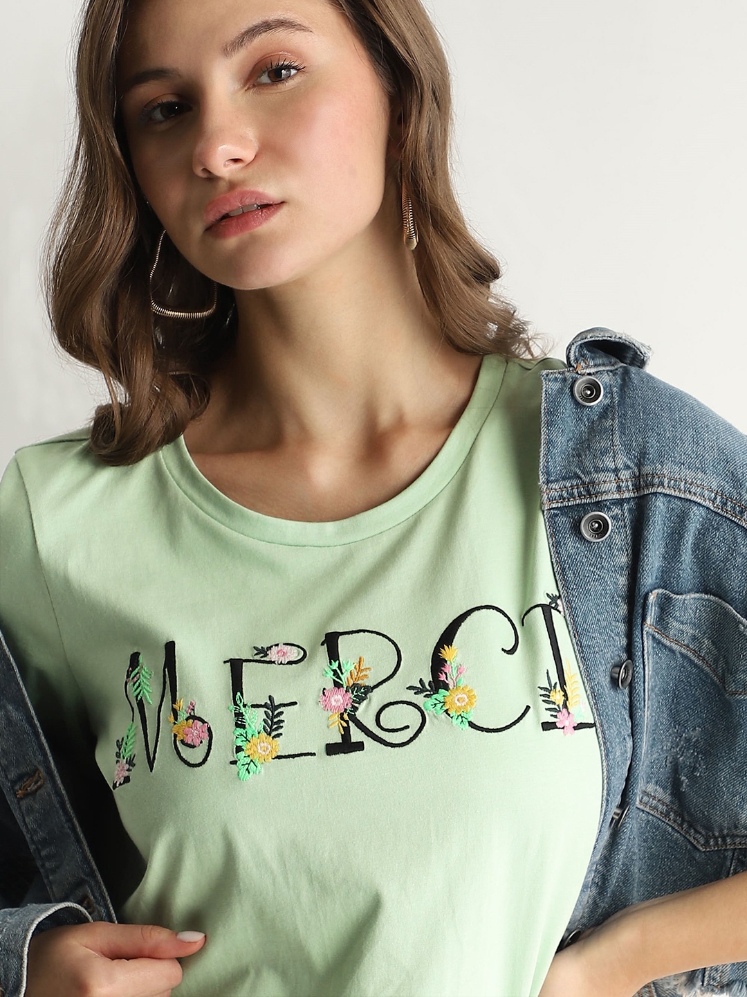 Vero Moda Typography Printed Pure Cotton T-shirt, Green