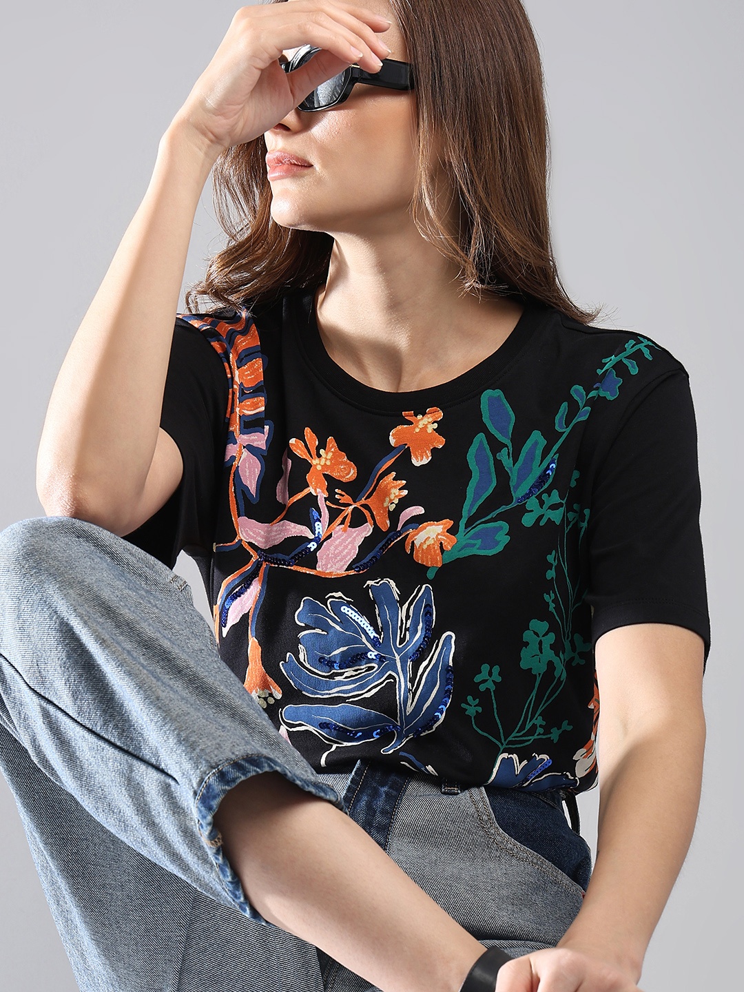 

Vero Moda Floral Printed Pure Cotton T-shirt, Black