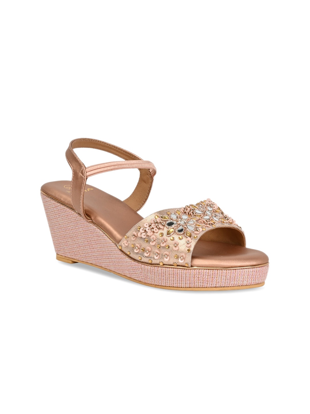 Rocia Embellished Open Toe Wedge Heels, Rose gold