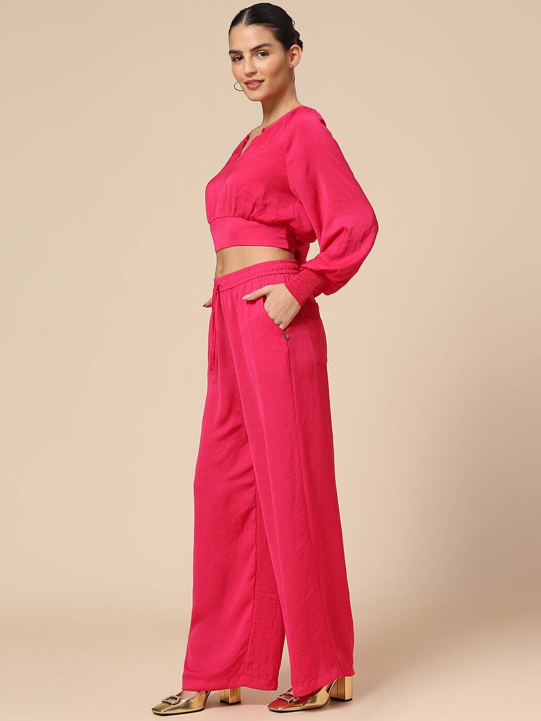 Chemistry Bishop Sleeve Top With Trousers, Pink
