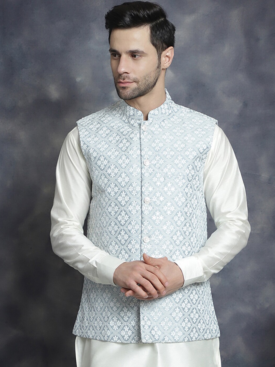 

Anouk Grey Ethnic Motifs Embroidered Nehru Jacket