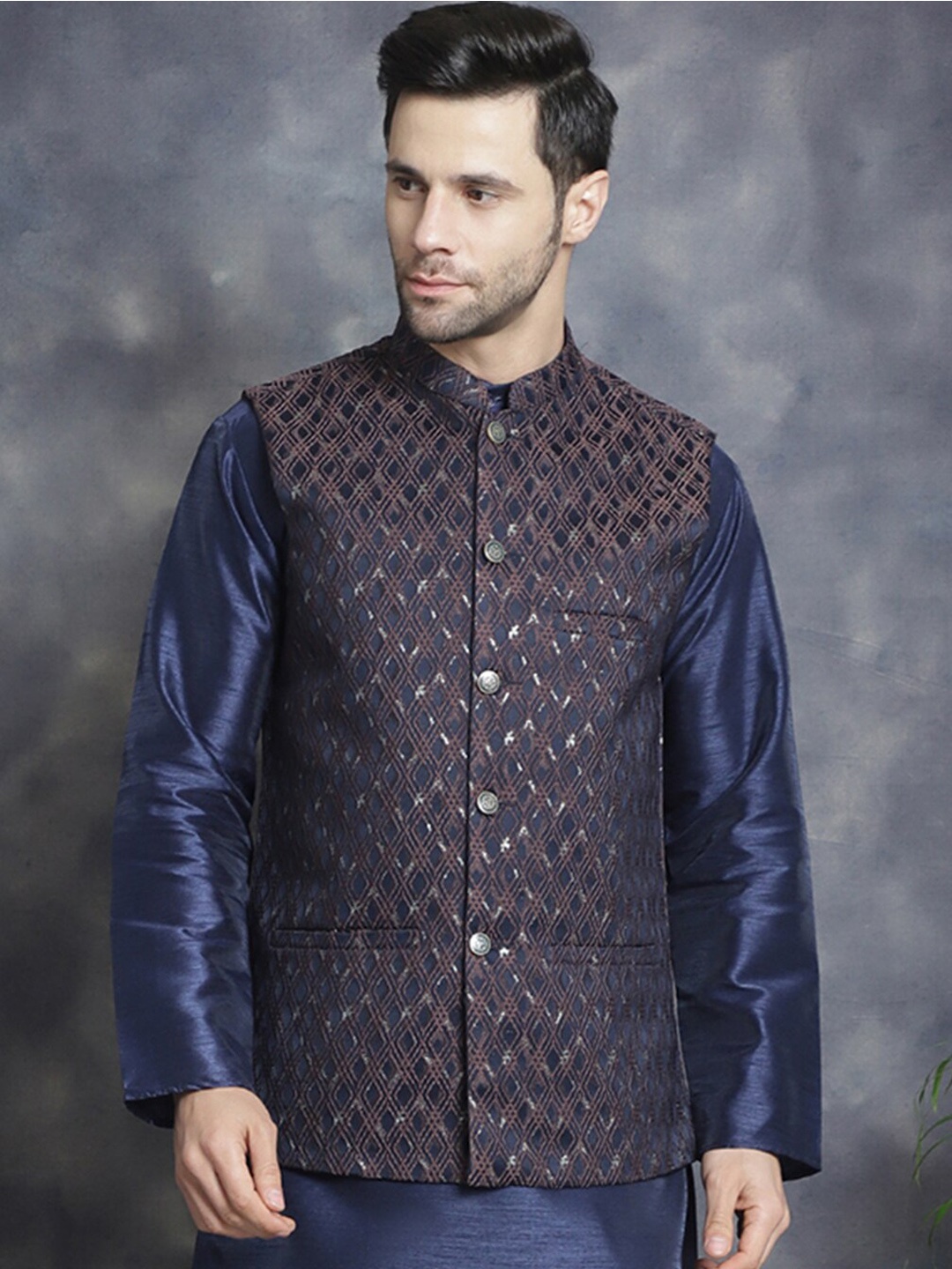 

Anouk Brown Geometric Embroidered Mandarin Collar Woven Nehru Jacket
