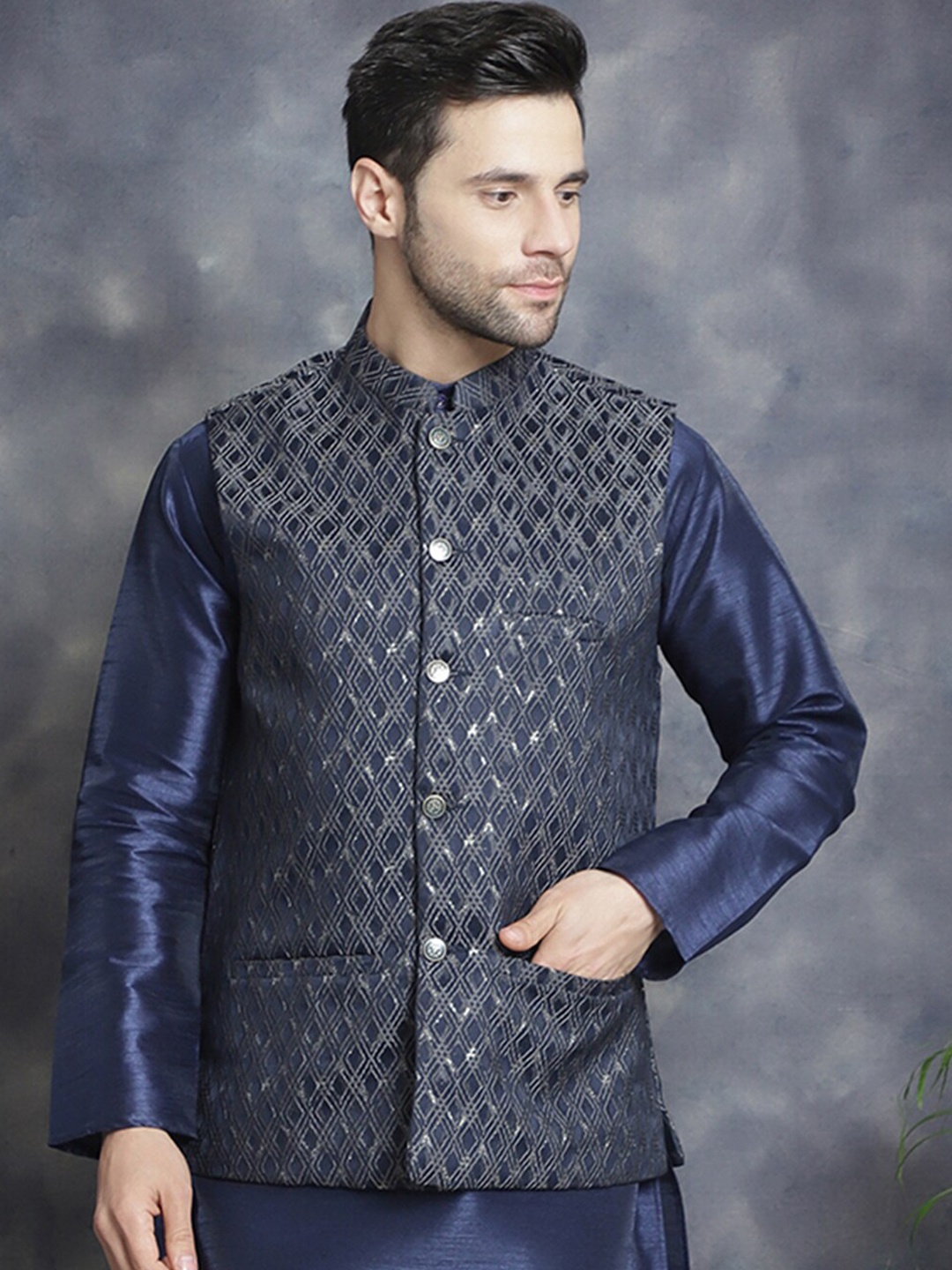 

Anouk Grey Geometric Embroidered Mandarin Collar Woven Nehru Jacket