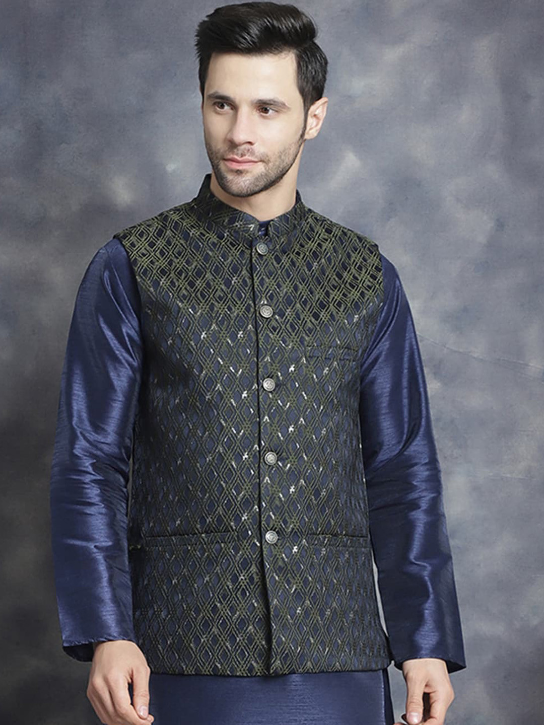 

Anouk Green Geometric Embroidered Silk Cotton Nehru Jacket, Blue