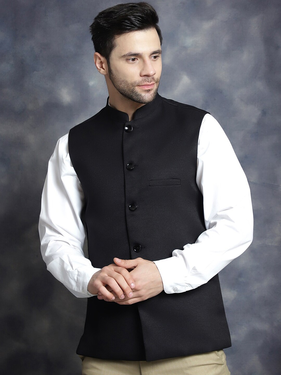 

Anouk Black Mandarin Collar Woven Nehru Jacket