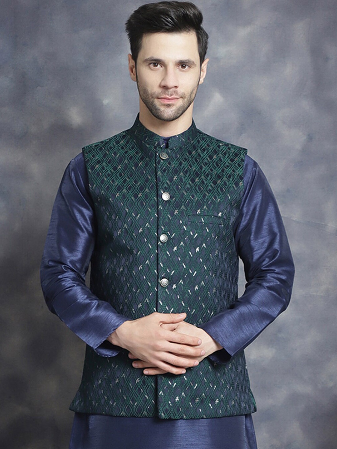 

Anouk Green Geometric Embroidered Mandarin Collar Woven Nehru Jacket