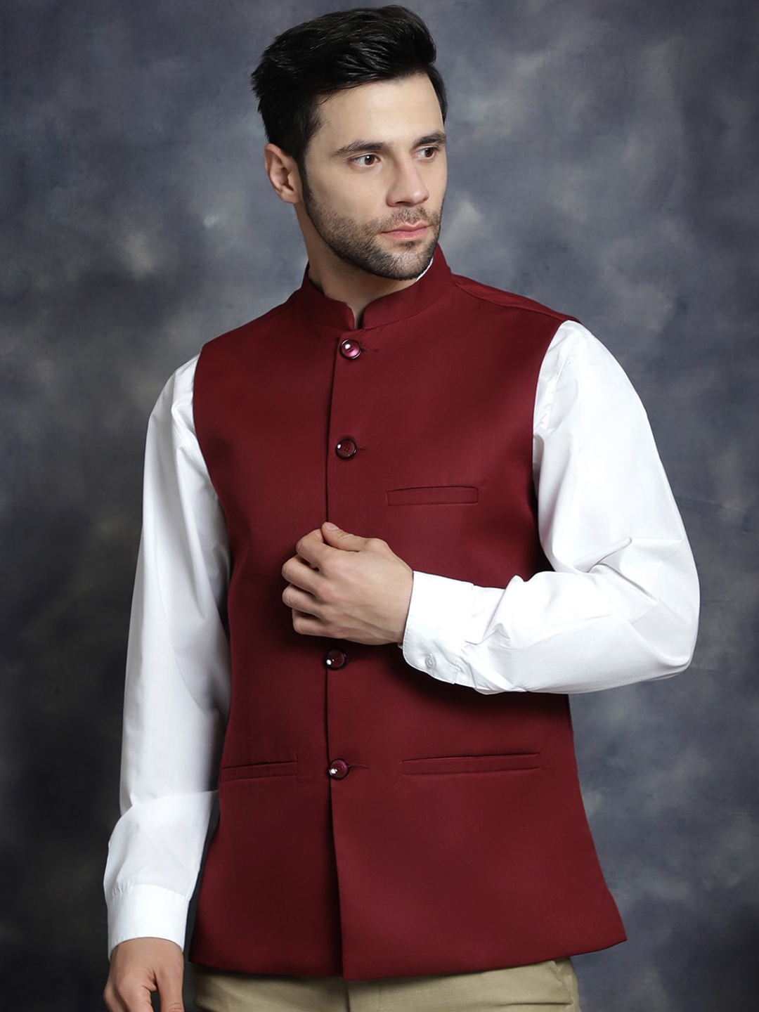 

Anouk Maroon Mandarin Collar Woven Nehru Jacket