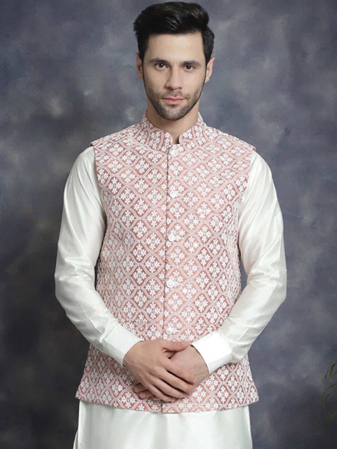 

Anouk Peach-Coloured Ethnic Motifs Embroidered Mandarin Collar Nehru Jacket