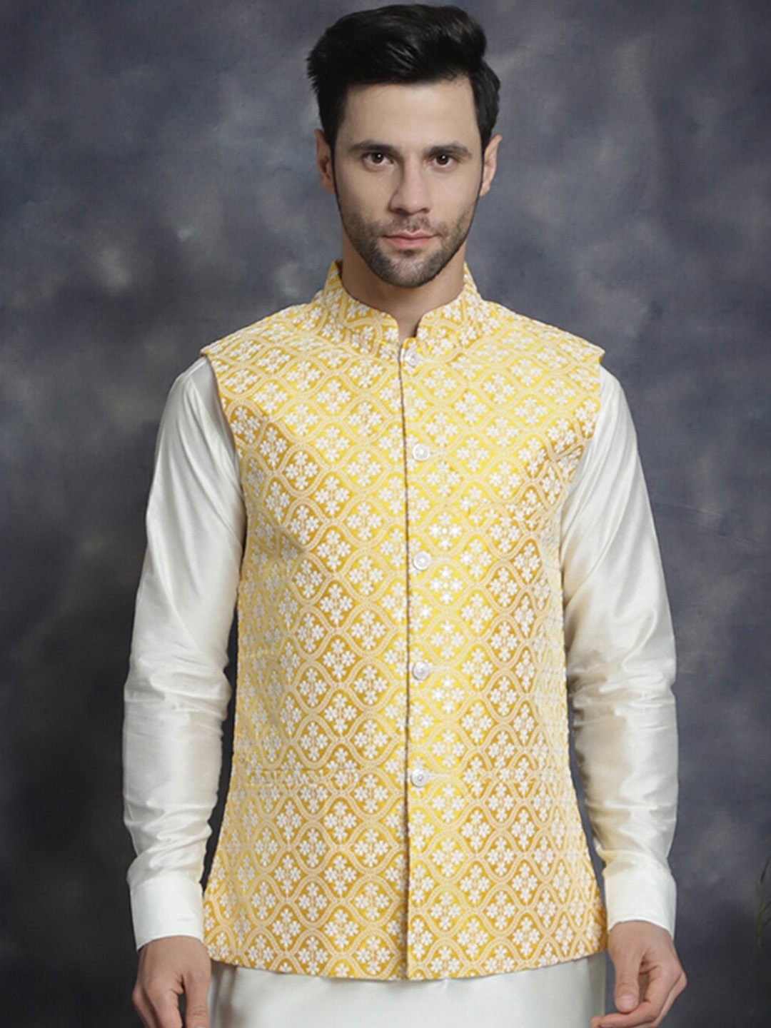 

Anouk Mustard Yellow Ethnic Motifs Embroidered Nehru Jacket