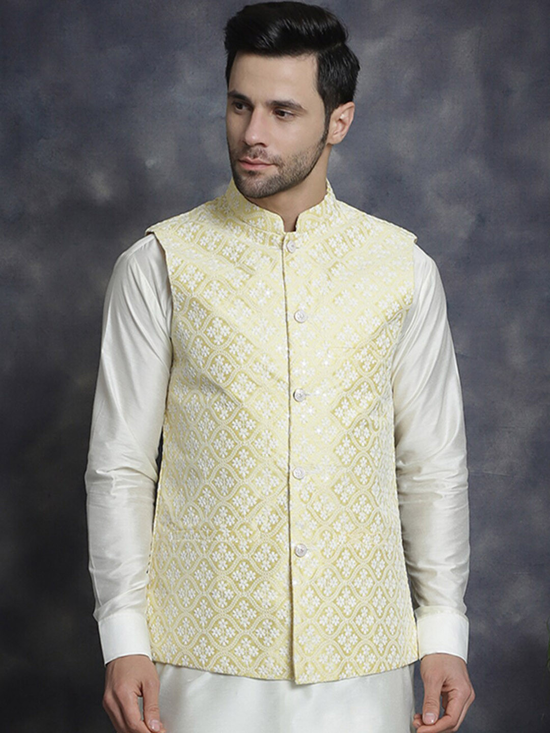 

Anouk Yellow Ethnic Motifs Embroidered Nehru Jacket
