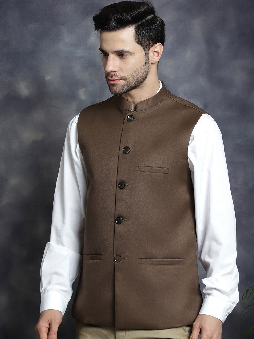 

Anouk Brown Mandarin Collar Woven Nehru Jacket