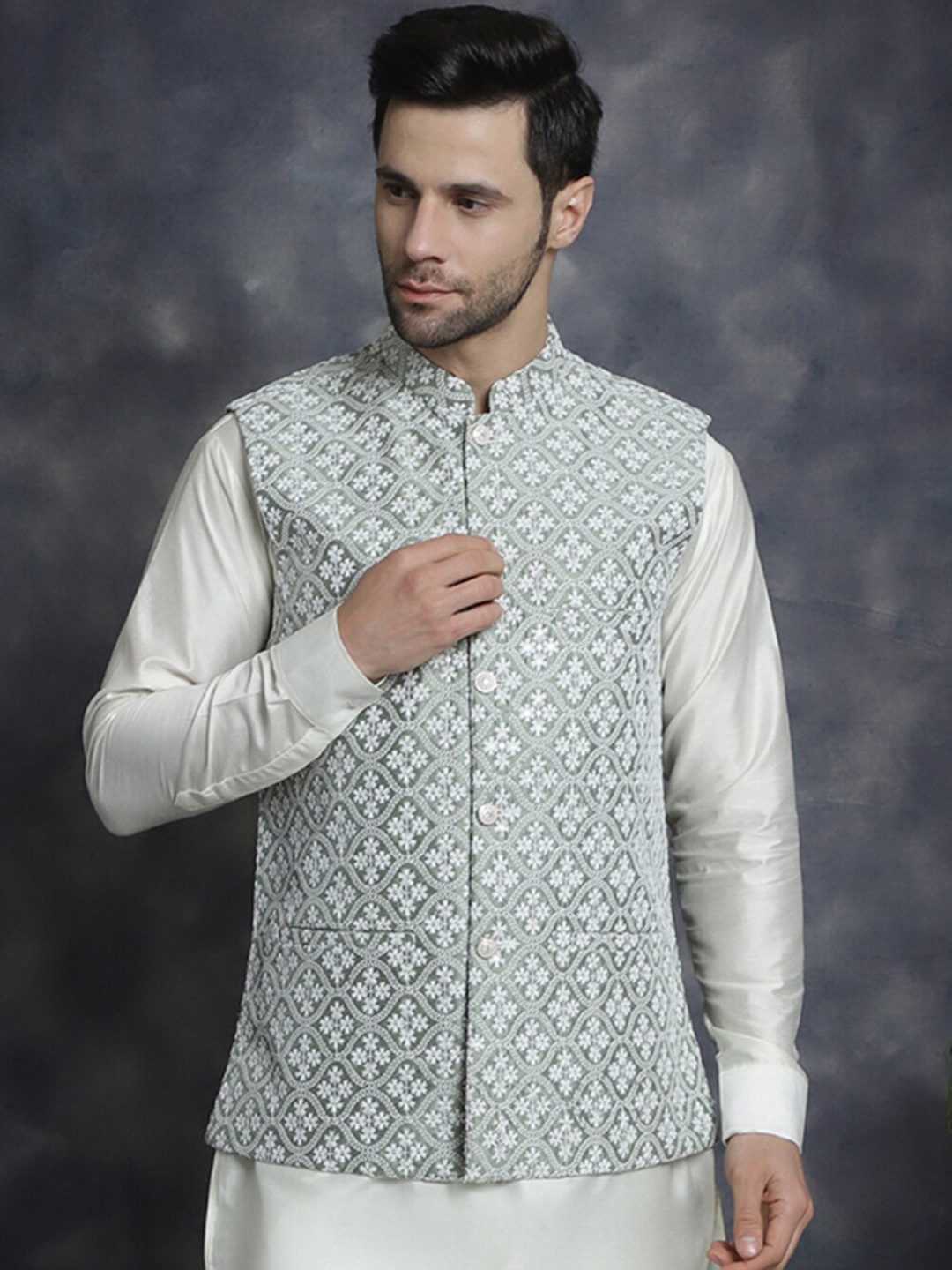 

Anouk Green Ethnic Motifs Embroidered Nehru Jacket