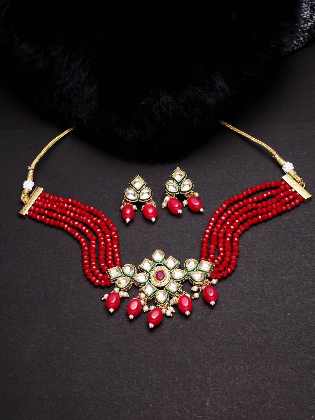 PANASH Gold-Plated Kundan Studded & Beaded Necklace And Earrings