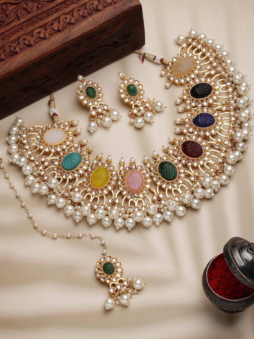 

PANASH Gold-Plated Kundan Studded & Beaded Necklace And Earrings With Maang Tika