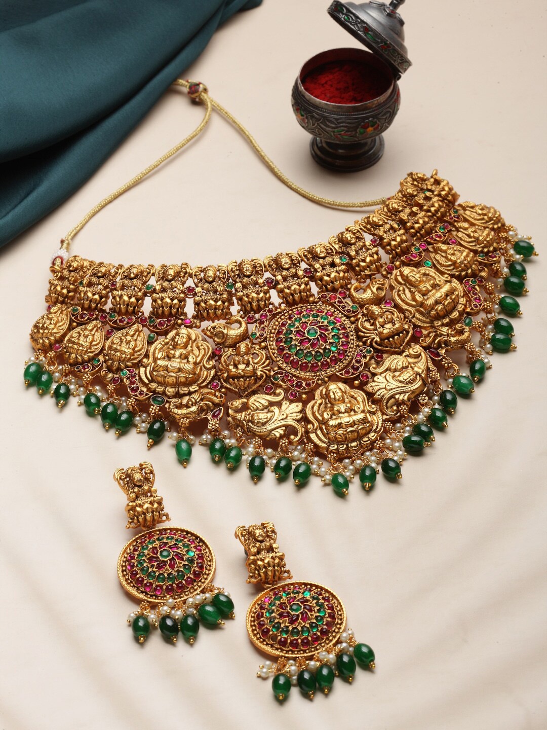 

PANASH Gold Plated Stones Studded & Beaded Temple Necklace And Earrings