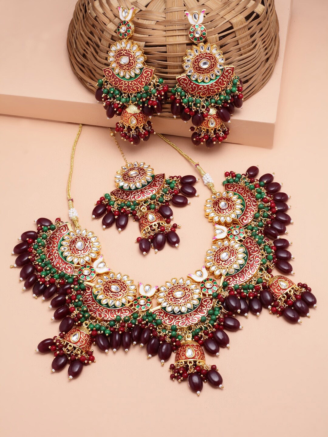 

PANASH Gold-Plated Kundan Studded & Beaded Necklace And Earrings With Maang Tika