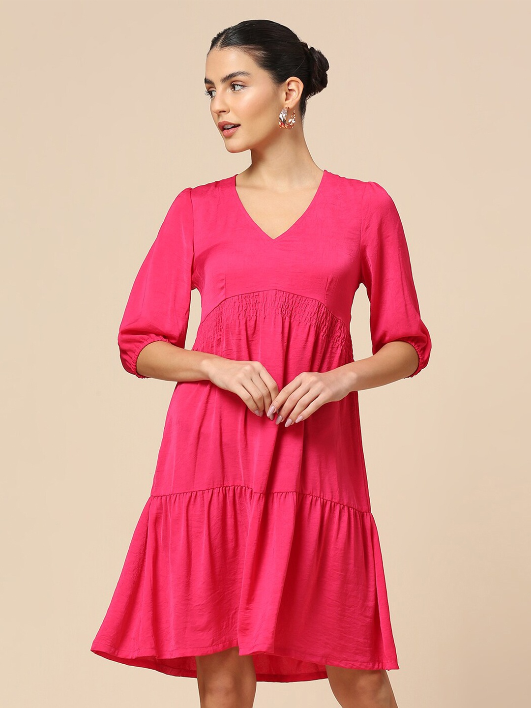 Chemistry V-Neck Puff Sleeves A-Line Dress, Pink