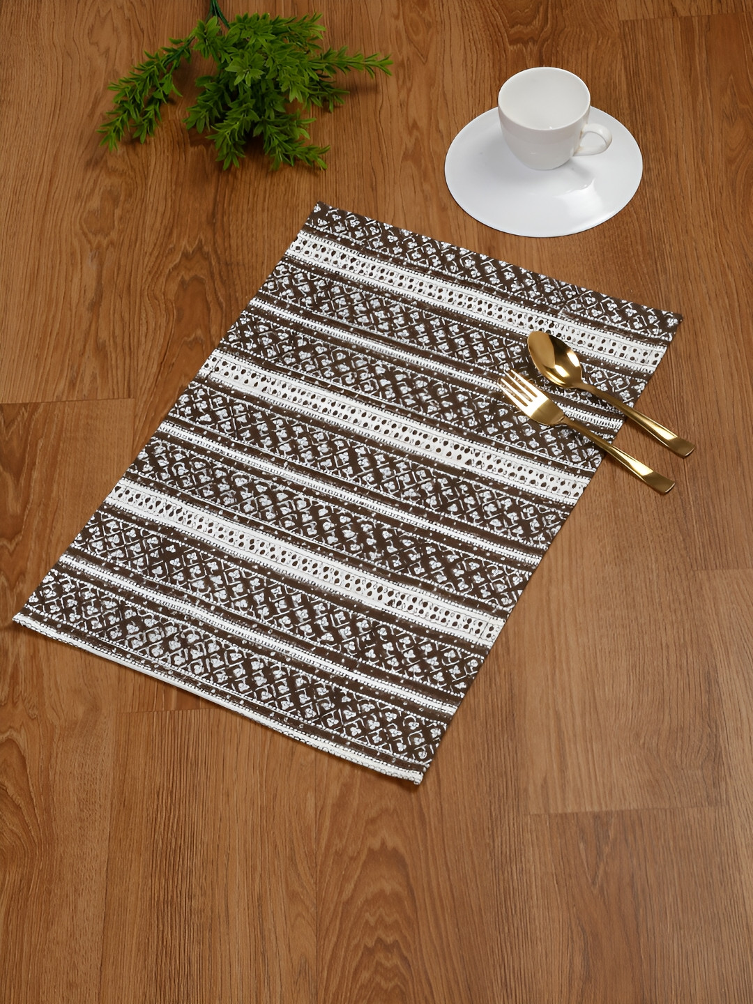 

Ratan Cart Brown & White 4 Pieces Striped Cotton Table Placemats