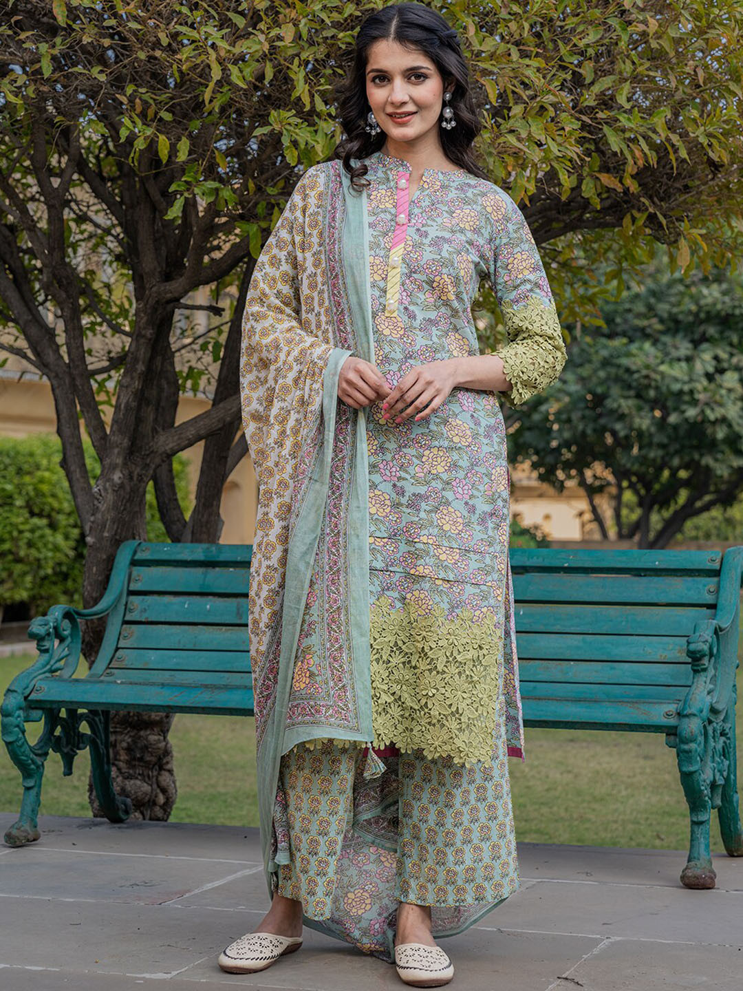 

Yufta Floral Printed Mandarin Collar Thread Work Pure Cotton Kurta With Trouser & Dupatta, Sea green