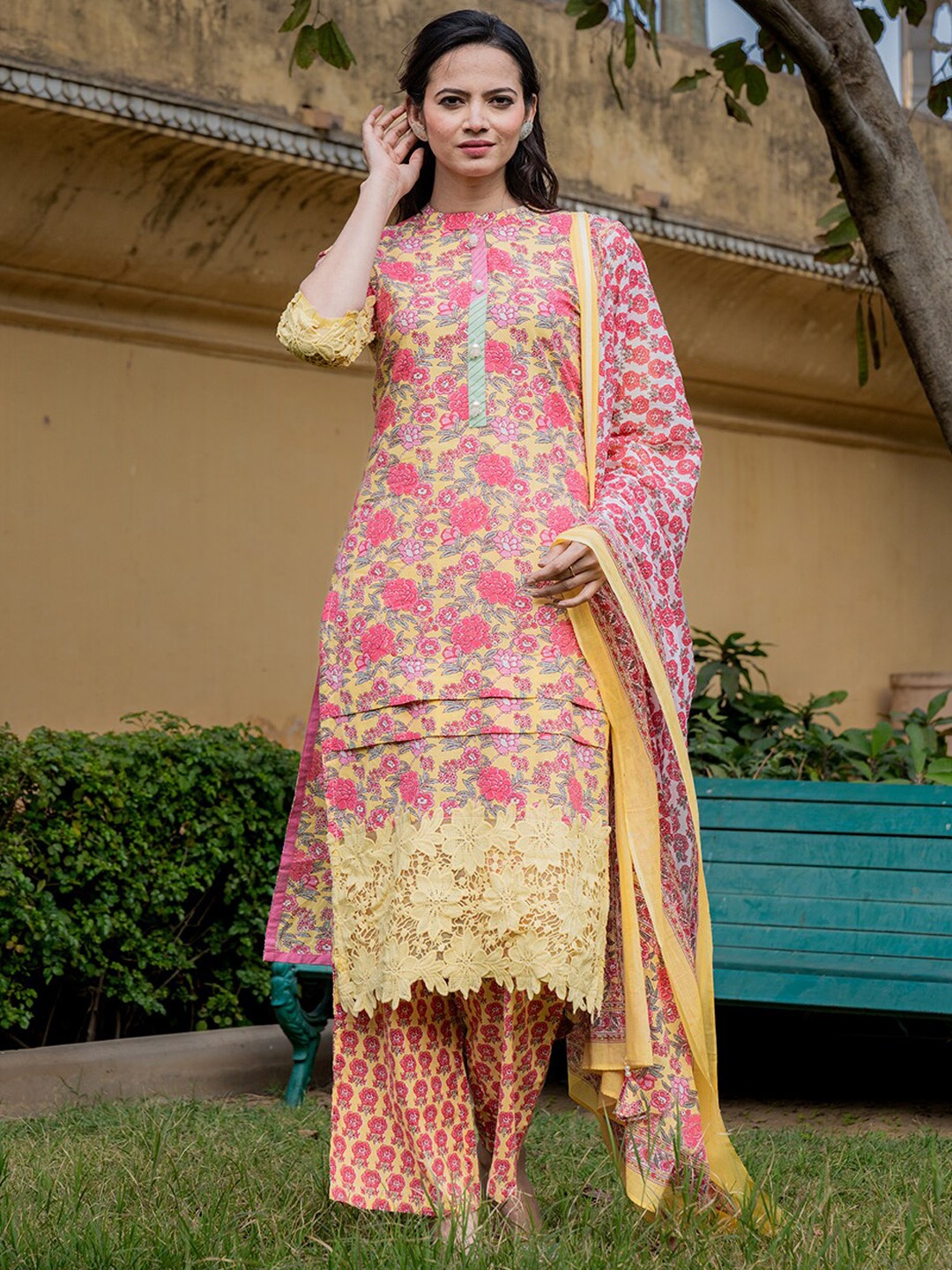

Yufta Floral Embroidered Mandarin Collar Pure Cotton Kurta With Trouser & Dupatta, Yellow