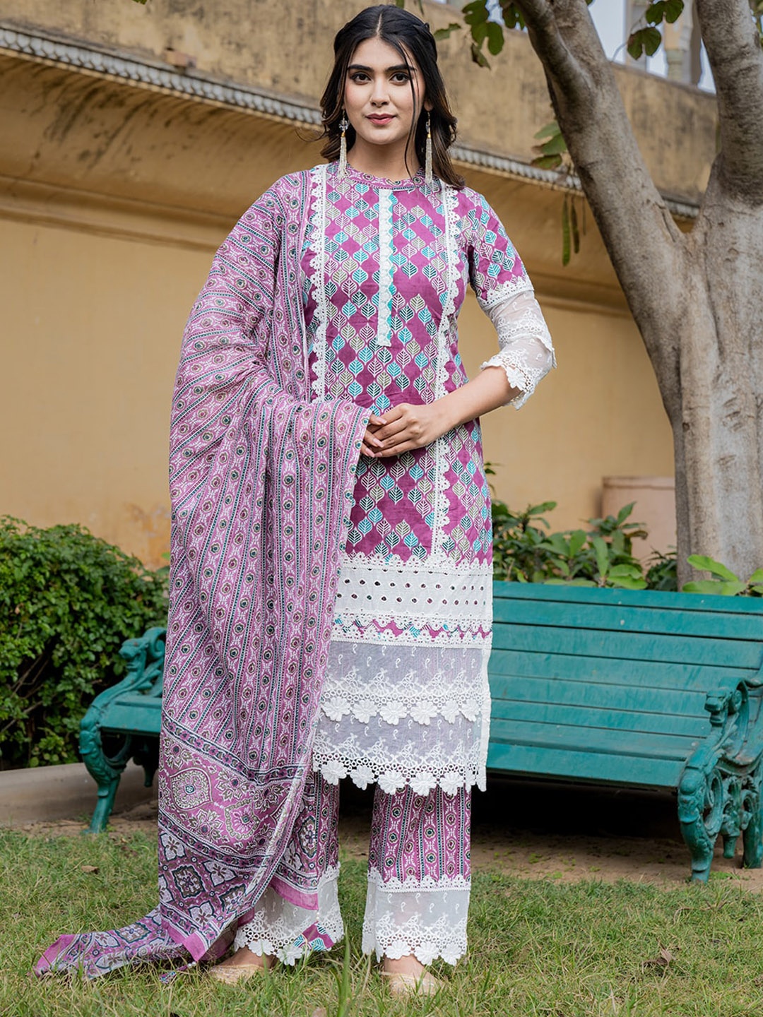 Yufta Pink Ethnic Motifs Embroidered Straight Pure Cotton Kurta With Palazzos & Dupatta