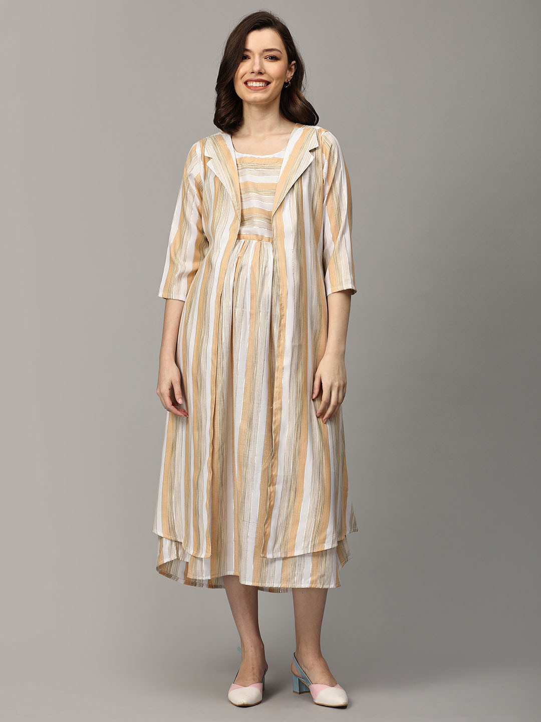 

The Mom Store Striped Round Neck Maternity Fit & Flare Maxi Dress With Jacket, Peach