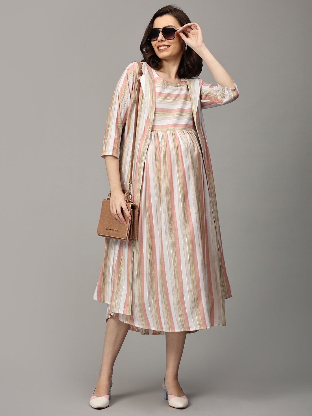 

The Mom Store Striped Round Neck Maternity Fit & Flare Maxi Dress With Jacket, Pink