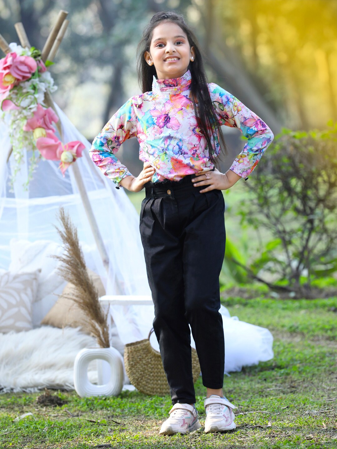 

Cutiekins Girls Floral Printed High Neck Top with Trousers, Blue