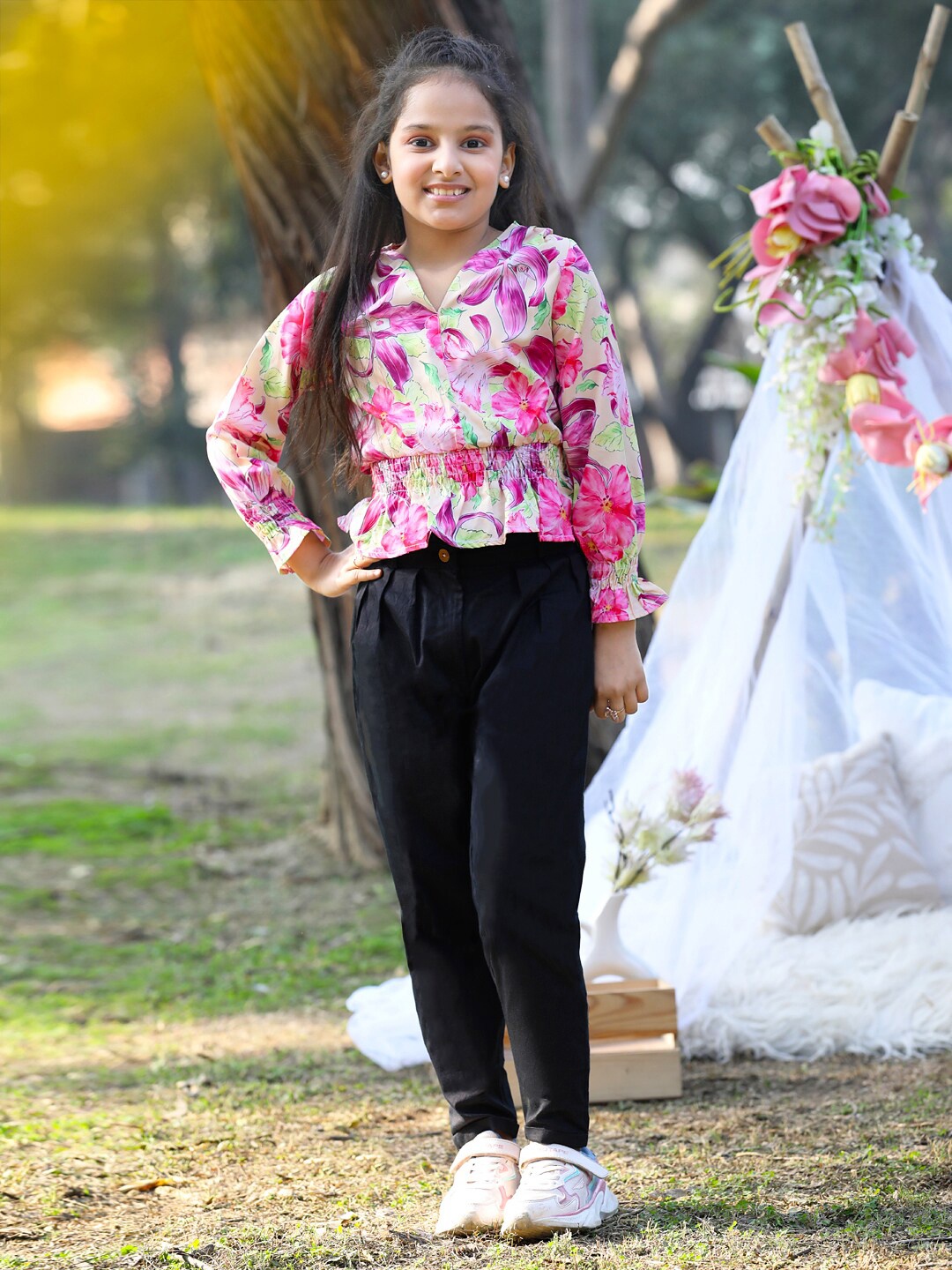 

Cutiekins Girls Floral Printed Top with Trousers, Pink