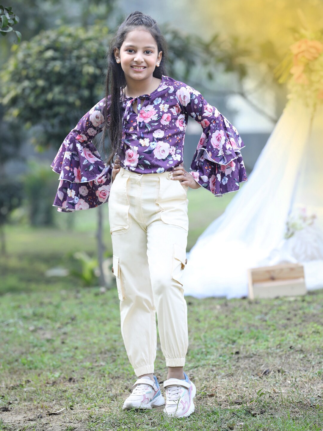 

Cutiekins Girls Floral Printed Top with Cargos, Purple