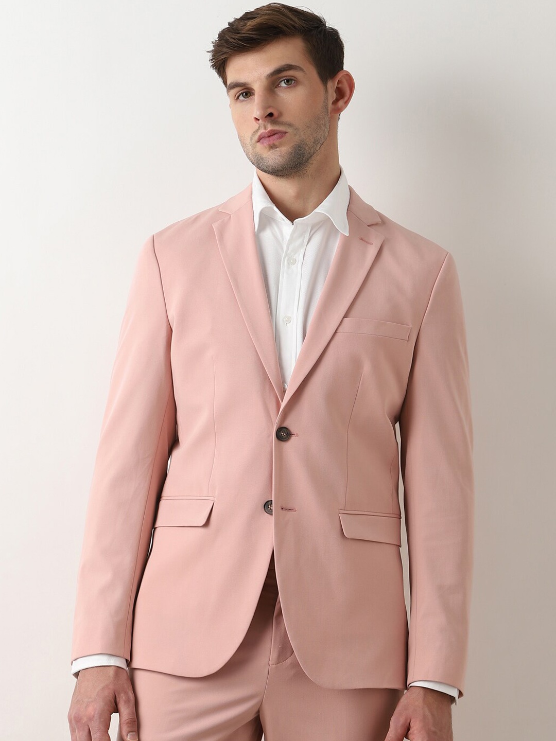 SELECTED Notched Lapel Long Sleeves Slim Fit Single-Breasted Blazers, Pink