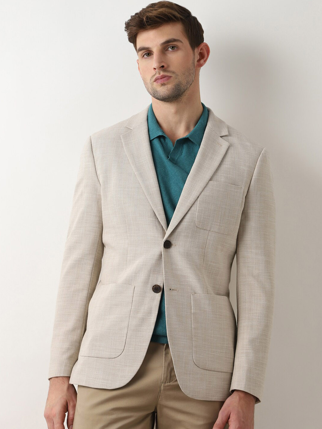 

SELECTED Notched Lapel Long Sleeves Single-Breasted Slim Fit Blazers, Beige