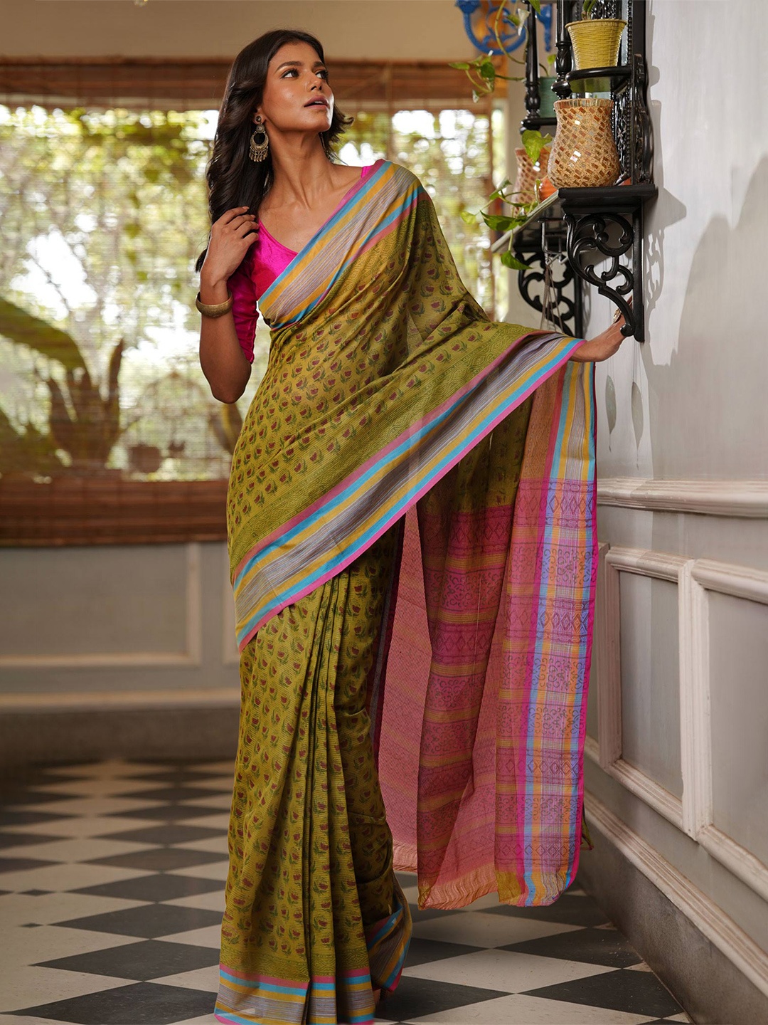 

Unnati Silks Ethnic Motifs Pure Cotton Handloom Mangalagiri Saree, Green