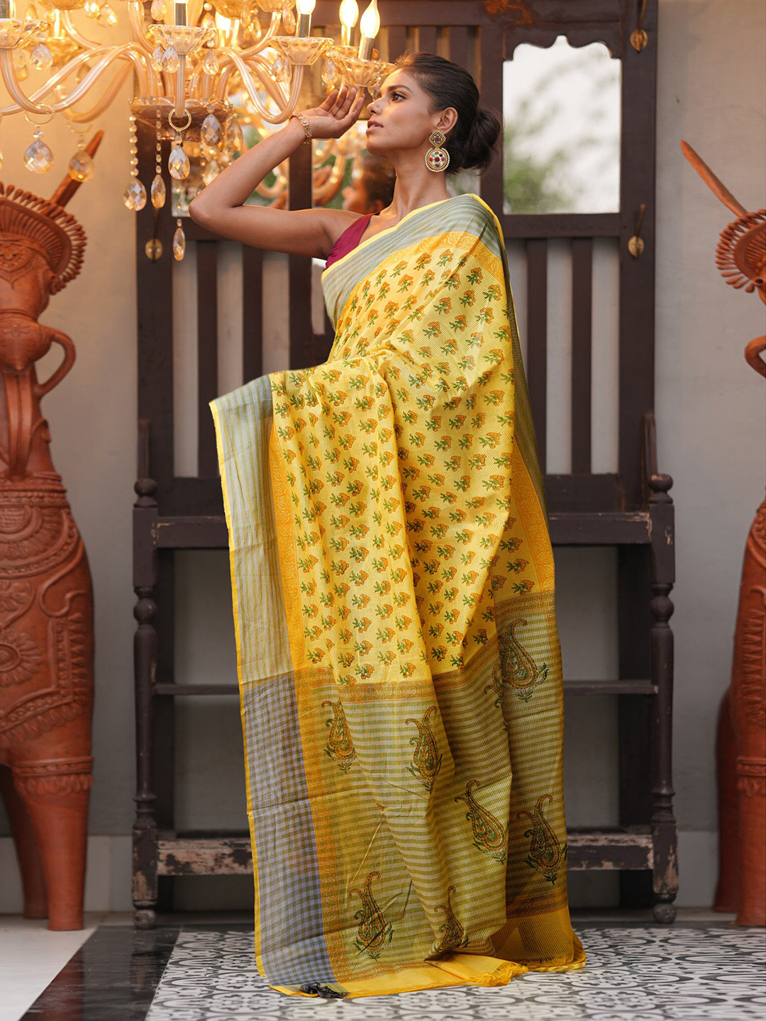 

Unnati Silks Ethnic Motifs Pure Cotton Handloom Mangalagiri Saree, Yellow